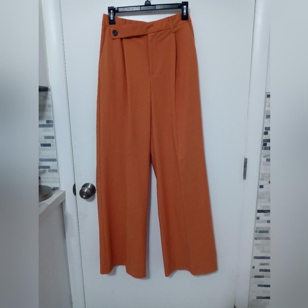 Zara Casual Wide Leg Pumpkin Zip up High Rise Pants W Offset Belt Accent New W7